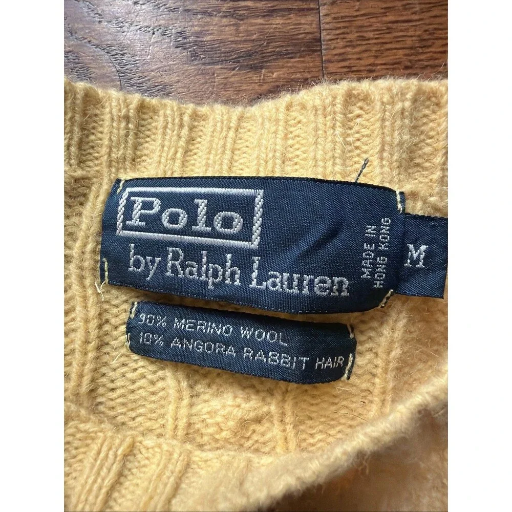 Polo Ralph Lauren Cable Knit Crewneck Sweater Men's Medium Yellow Blue Pony - Picture 3 of 6